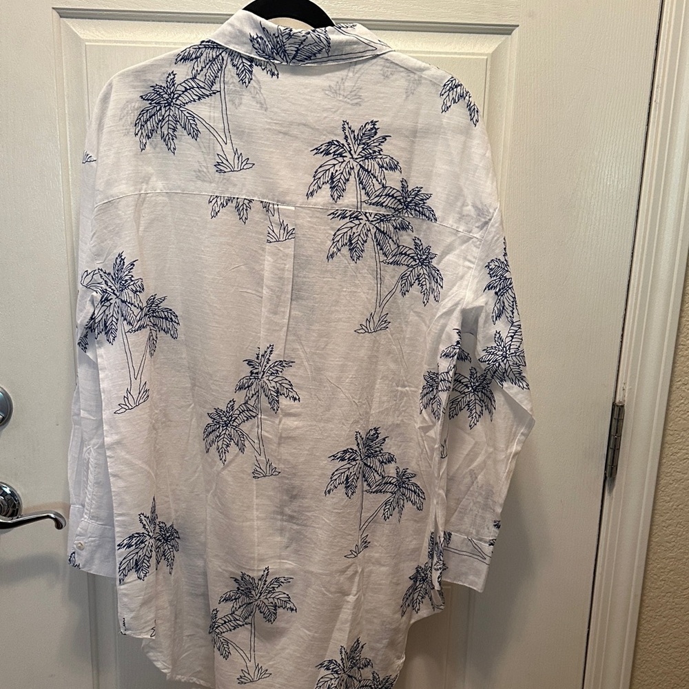Blue Island White Button-Down with Navy Palm Design 100% Cotton Lightweight Lrg - Picture 4 of 7